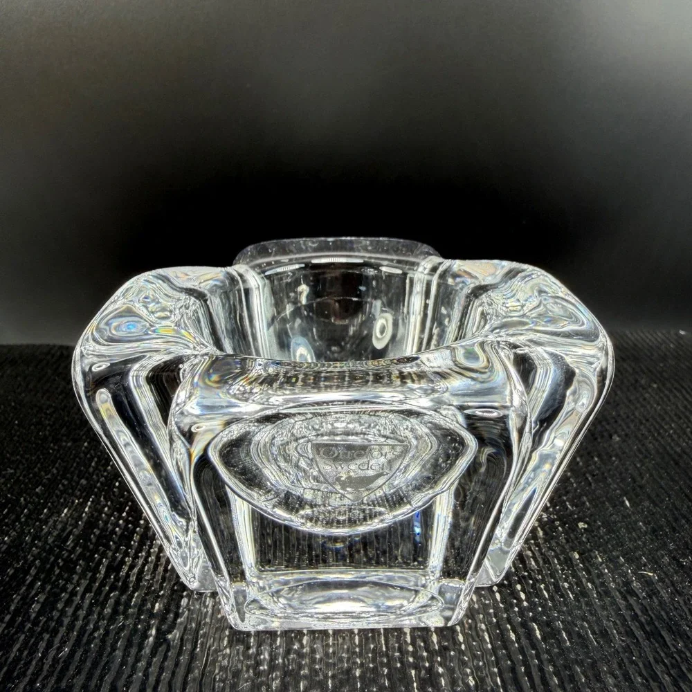 Orrefors Sweden Corona Crystal Votive Candle Holder Set of 2 Lars Hellsten Clear
